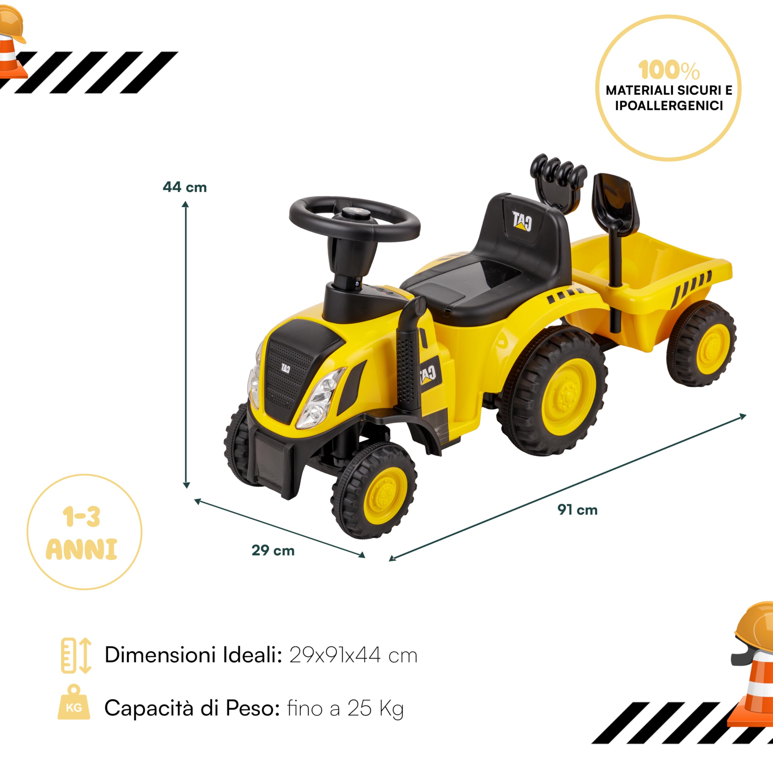 Baroni Toys Trattore Cavalcabile con Rimorchio per Bambini da 1-3 Anni con Licenza CATERPILLAR, Suoni Realistici, Fari Funzionanti e e Vano Portaoggetti, per Interno ed Esterno, 29x91x44 cm