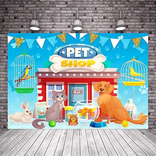 Miniatura 2 de Fondo de animales de perro y gato de 7 x 5 pies, fondo de tienda de mascotas de dibujos animados para baby shower, fiesta de cumpleaños, decoración