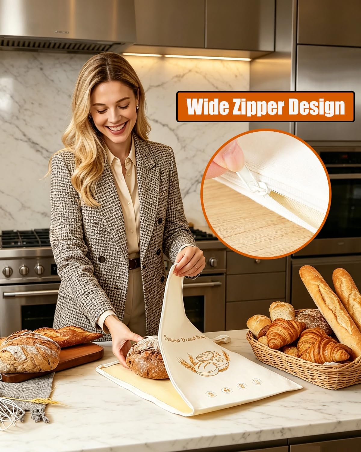 2 Pack Beeswax Bread Bags for Homemade&Sourdough, 17"x13" XL Reusable Organic Linen Bees Wax Bag with Wide Zipper, Freezer-Friendly Storage for Bread, Washable Bread Bag, Keeps Loaves Fresh Longer