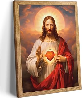 Framed Sacred Heart of Jesus Canvas Wall Art Divine Mercy Painting Picture Wall Decor Religious Christ Jesus Portrait Poster Prints Artwork for Dining Living prayer Room Bedroom Home Decor 8x10 in