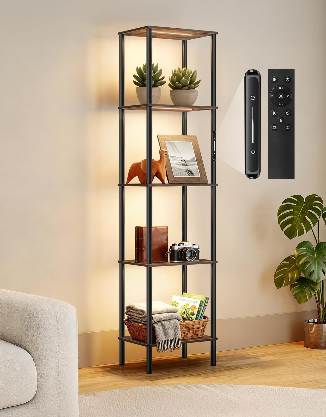 OUTONLIFE Lámpara de Pie con Estantes de 5 Niveles, LED Regulable con Control Táctil y Remoto, 3 Temperaturas de Color, Librero de Esquina Alto para Salón, Dormitorio u Oficina