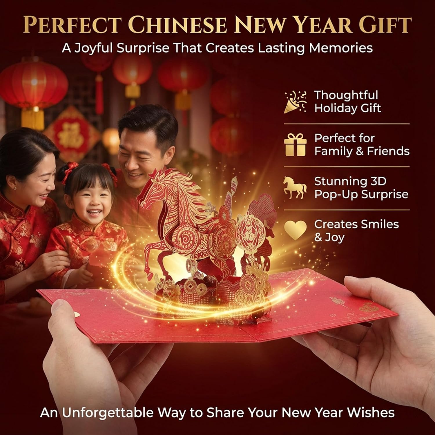 3D Foil Stamping New Year’s Greeting Cards,Year Of The Horse 2026 - Chinese New Yeas Cards,Handmade Pop Up Years of the Horse Card