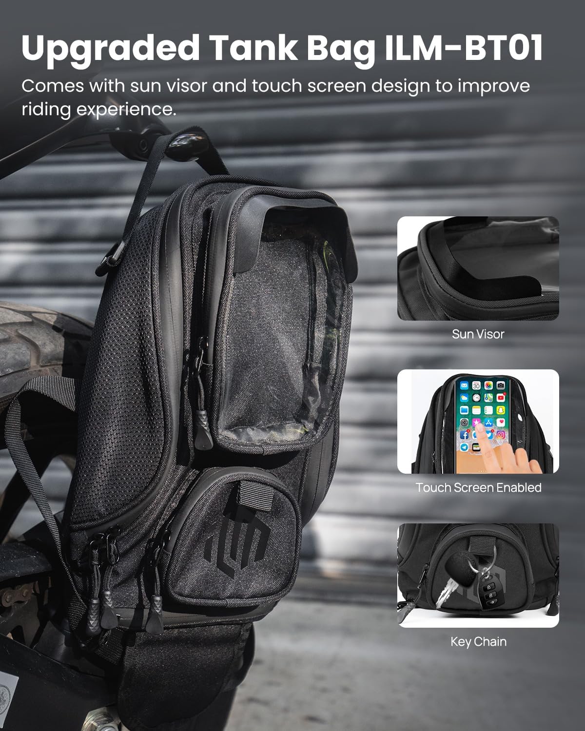 ILM Motorcycle Tank Bag Magnetic 4 Straps Reinforced Fastening Waterproof Touch Screen Phone Pouch Motorbike BT01