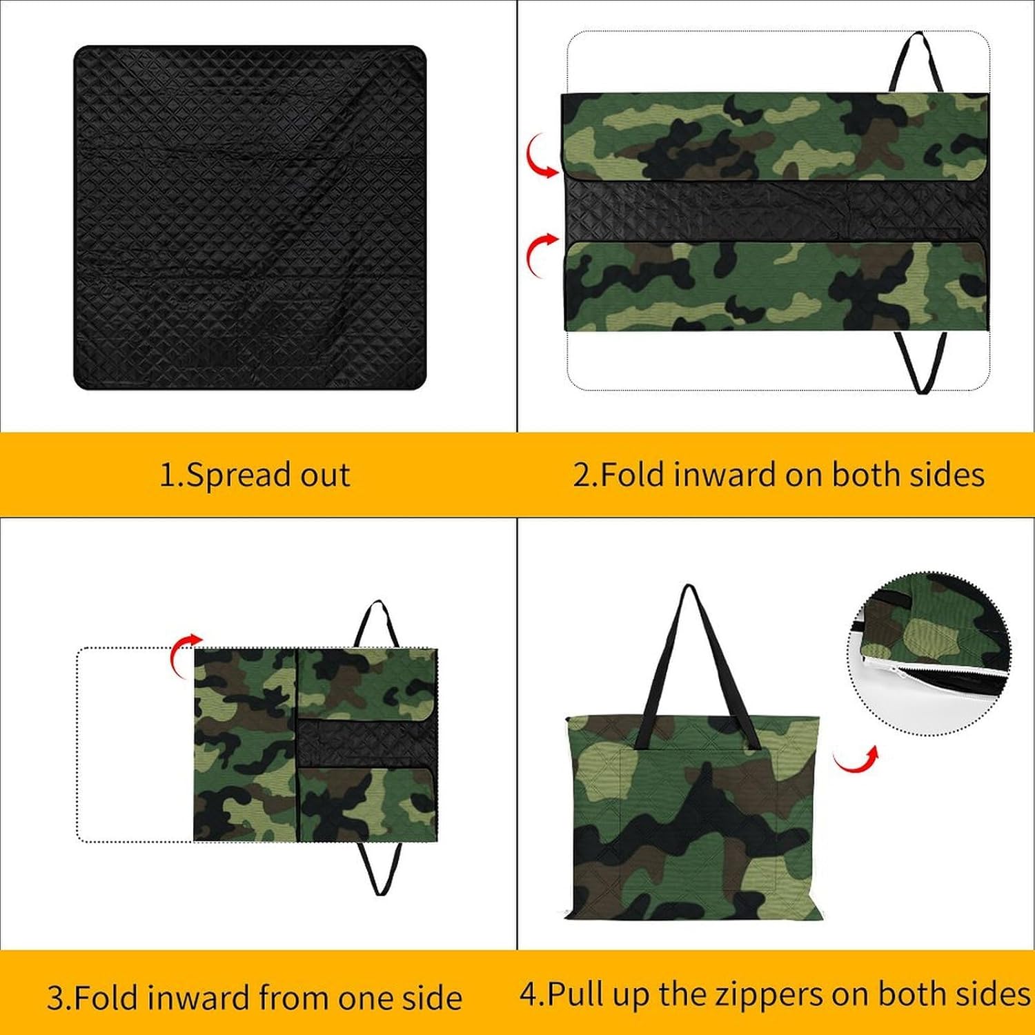 Green Military Camo Picnic Blanket with Zipper Water Resistant Sand Free Picnic Mat Washable Foldable Easy Carry Beach Blanket for Lawn Beach Hiking Camping