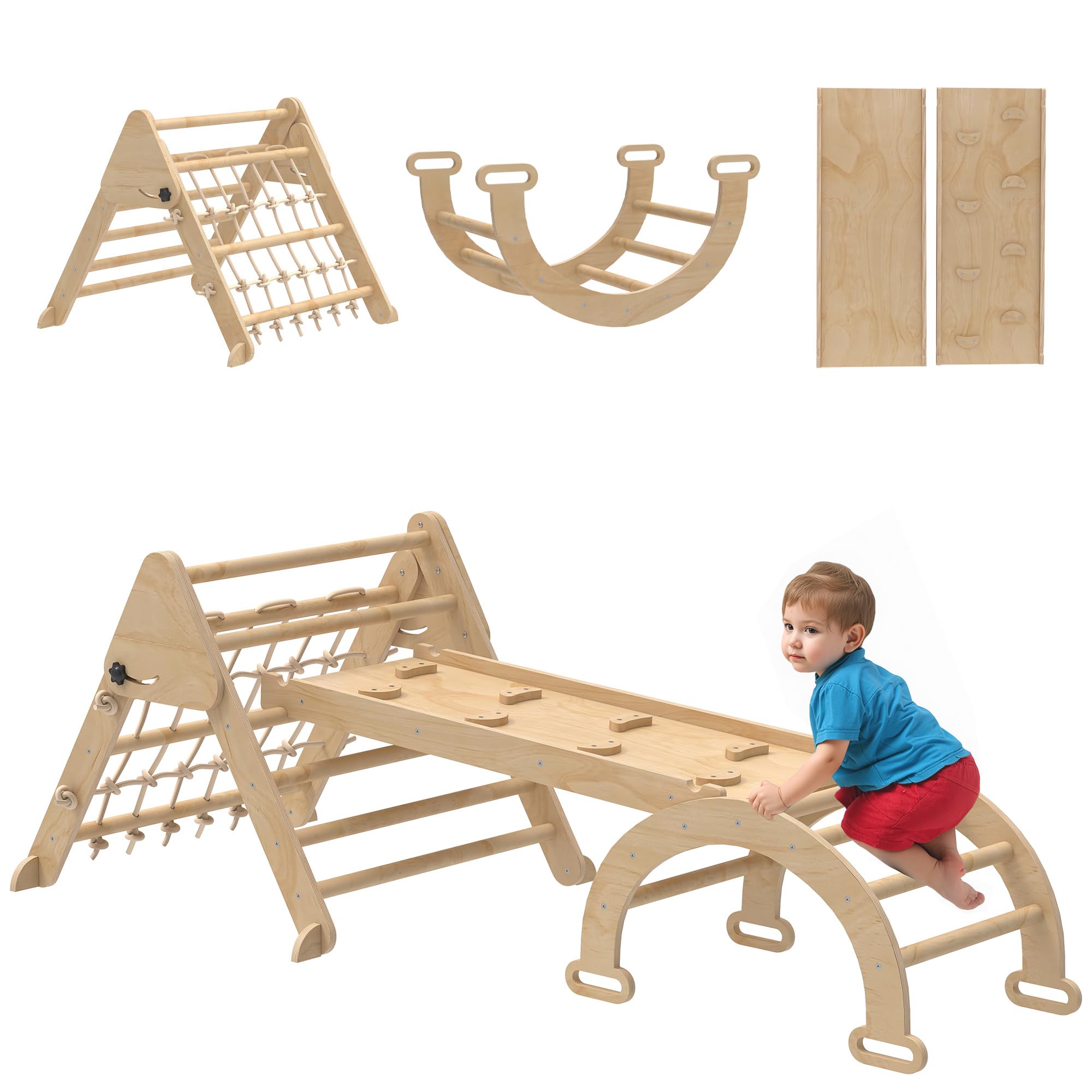 AIYAPLAY 8 en 1 triángulo de Escalada para niños con rampa Doble Cara, Arco de Escalada de Madera álamo con tobogán y Escalera, Carga 50 kg para deslizarse o Escalar bebé de 18 a 48 Meses, Natural