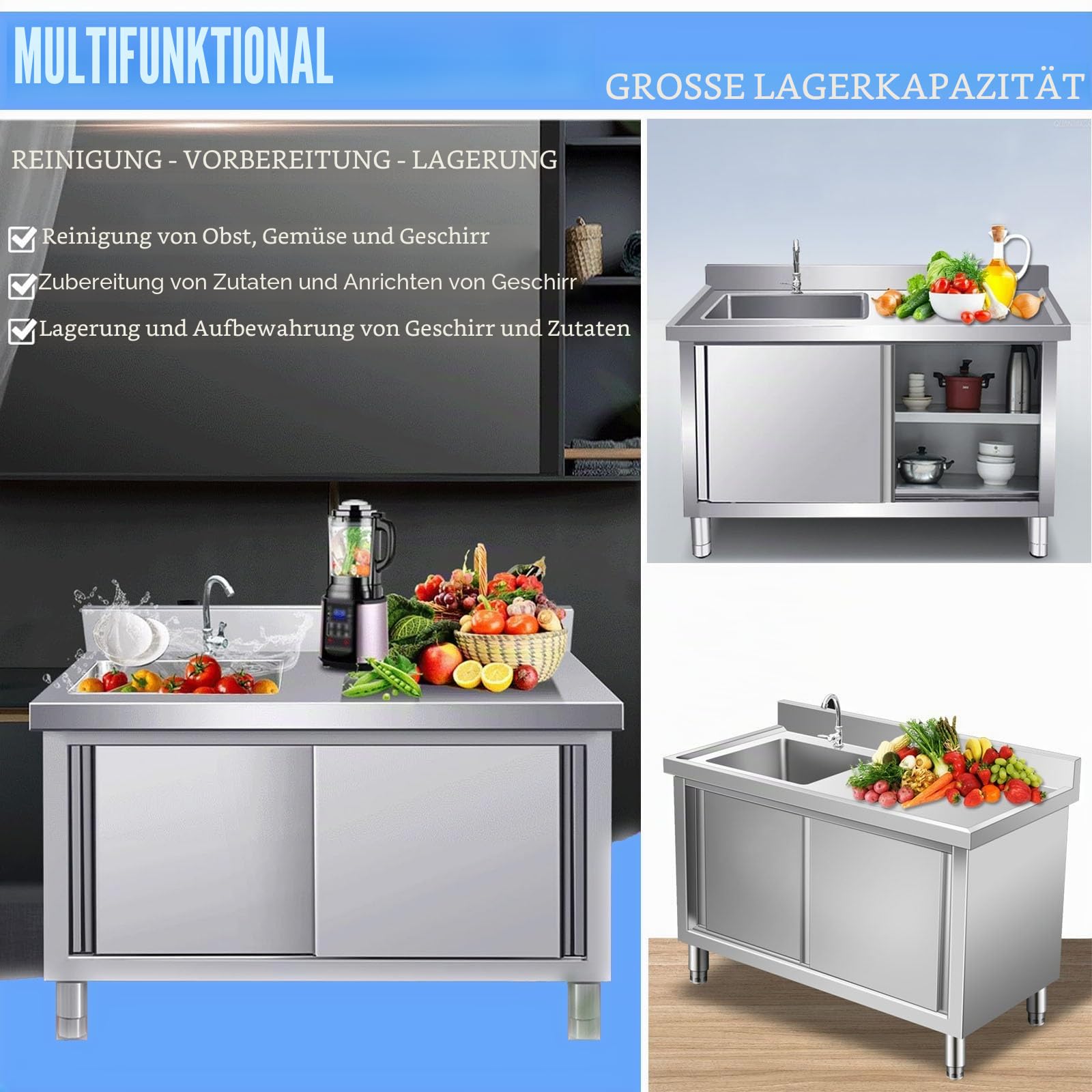 Edelstahl Spültisch Spülenschrank, Mit Spüle Und Armatur, Outdoor Spüle, Freistehende Mobile Schranktür, Mit Unterschrank, Spülbecken Ausgussbecken Küchenspüle, Für Außen Werkstatt Küche(120x50cm)
