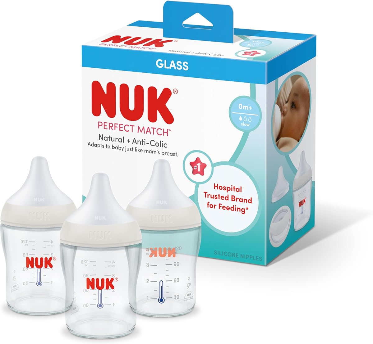 Botella NUK Perfect Match Glass Natural + Anti-Colic, 4 oz. Biberones de vidrio con indicador de temperatura SafeTemp, productos básicos para recién nacidos, paquete de 3