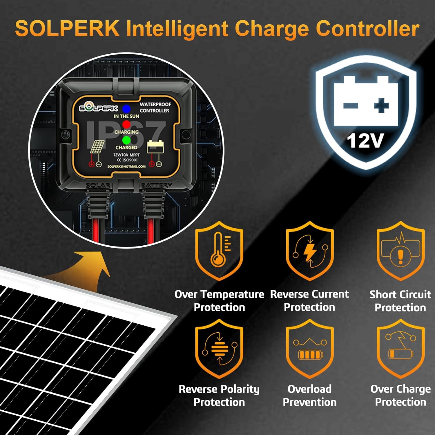 SOLPERK Solar Panel Kit 10W 12V, Waterproof Solar Battery Trickle Charger Maintainer + Smart MPPT Controller + Adjustable Mount Bracket for Boat Car RV Motorcycle Marine Automotive