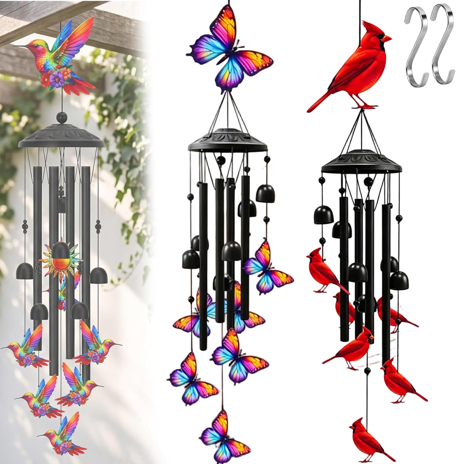 Vintage Colourful Hummingbird Wind Chime with Metal Tubes and Bells, Hummingbird Wind Chimes for Outside, Outdoor Garden Hanging Decor for Yard Balcony Window Home (2 PCS-5)