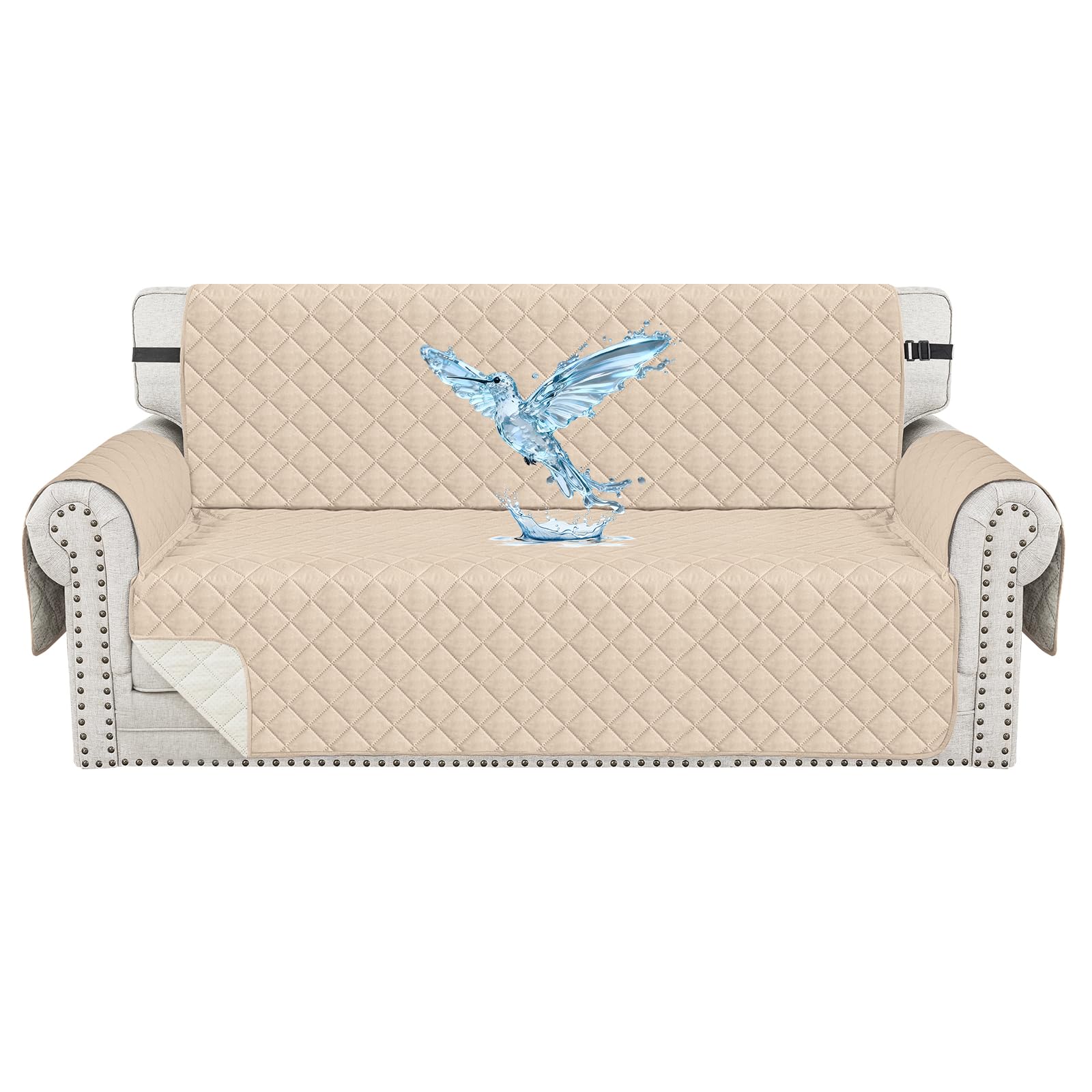 CYCMACO Copridivano 3 Posti Impermeabile con Braccioli, Copridivano Trapuntato Antiscivolo, Copri Divano Antigraffio Per Gatto, Universale Sofa Cover Antimacchia, Beige