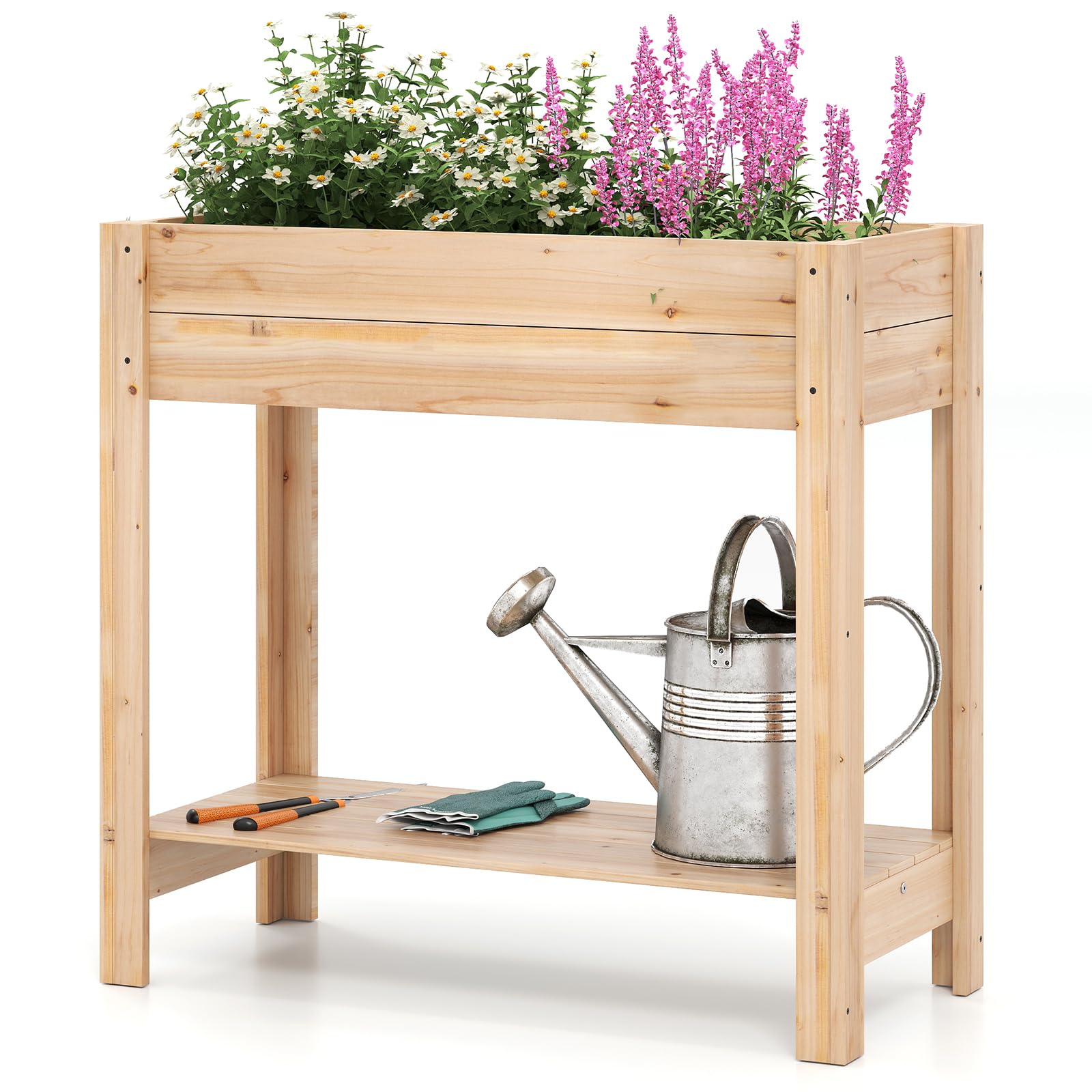 HOMASIS Fioriera Rialzata da Esterno in Legno di Abete, Orto Rialzato con Fori di Drenaggio, Letto da Giardino per Piante, Fiori, Erbe (con Ripiano, Naturale, 81 x 38 x 77 cm)