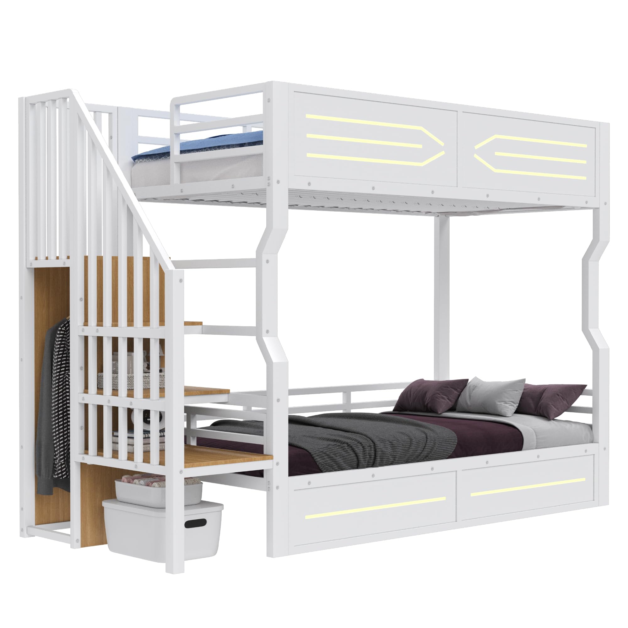 Etagenbett Kinderbett 90x200 cm mit LED und Stauraum, Metallbett Hochbett mit Treppe im Schrankstil und Rausfallschutz, Jugendbett Stockbett Bettgestell mit Lattenrost, Weiß, Ohne Matratze