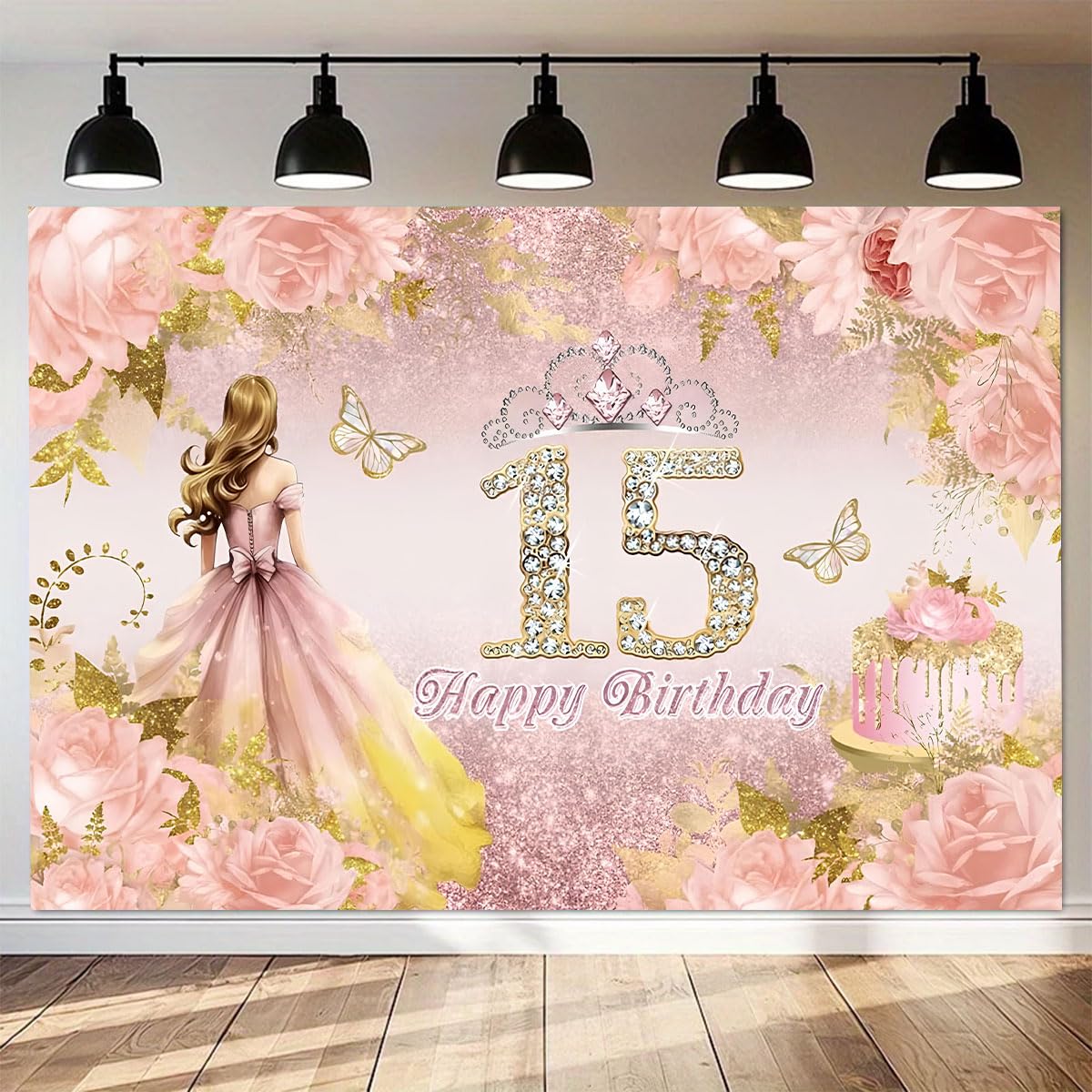 Quinceañera 15th Birthday Backdrop for Photography Pink Glitter Floral Crown Girl Princess Birthday Party Decorations Sweet Girl Pink Flowers Happy