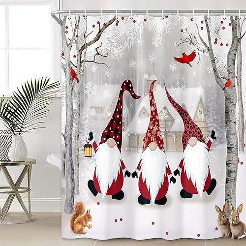 Miniatura 6 de Dongbei Cortina de ducha de Navidad, cortina de baño gris para vacaciones de invierno, árbol de nacimiento de bosque nevado con lindo gnomo