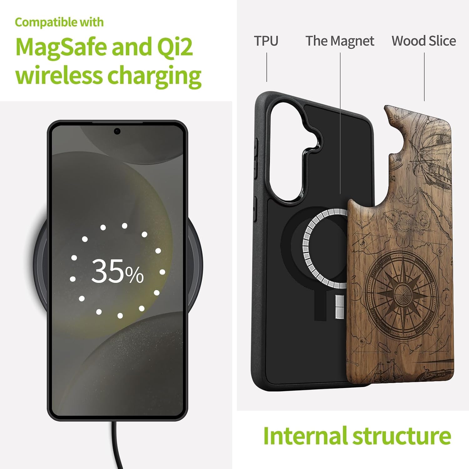 Carveit Magnetic Wooden Case for Galaxy S26+ Samsung S26 Plus Case, TPU Shockproof Cover & Wood Engraved, Compatible with MagSafe Wireless Chargers (Vintage Pirate Compass) Walnut