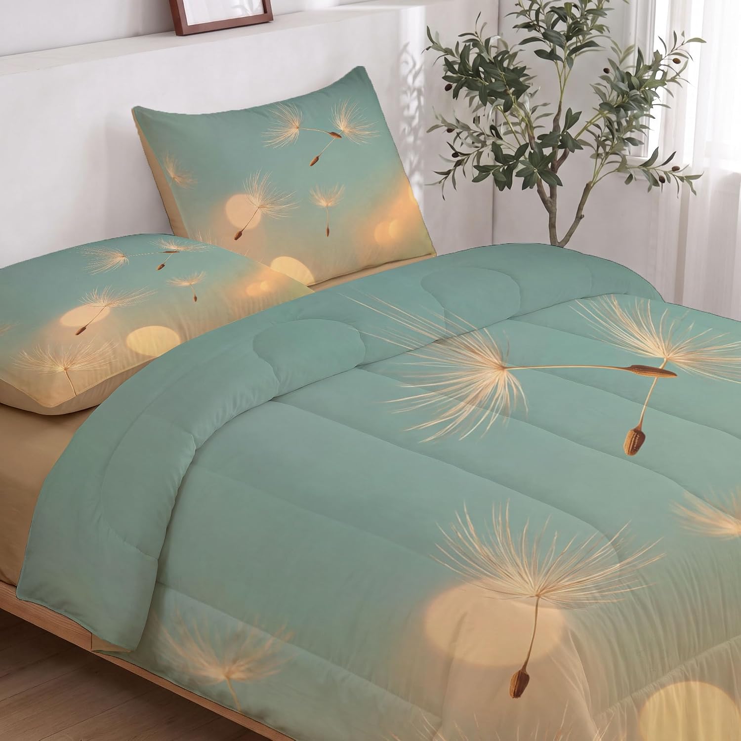 Aesthetic Photography Comforter Set Full Size, Dandelion Seeds Print Breathable Bedding Set for Girls Boys Teens, Turquoise Quilt Duvet with 2 Pillow Cases