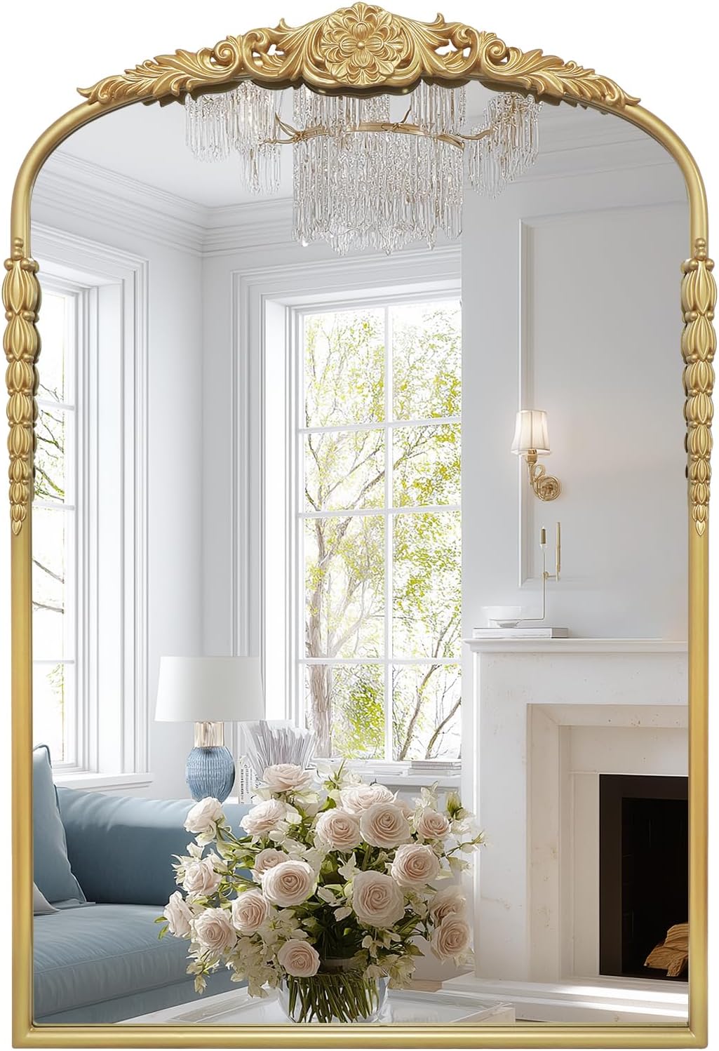 g-leaf vintage baroque mirror 24"x36", arched mantel victorian antique farmhouse mirror with gold ornate metal frame for fireplace entryway living room hallway bathroom gold 24"l x 36"w