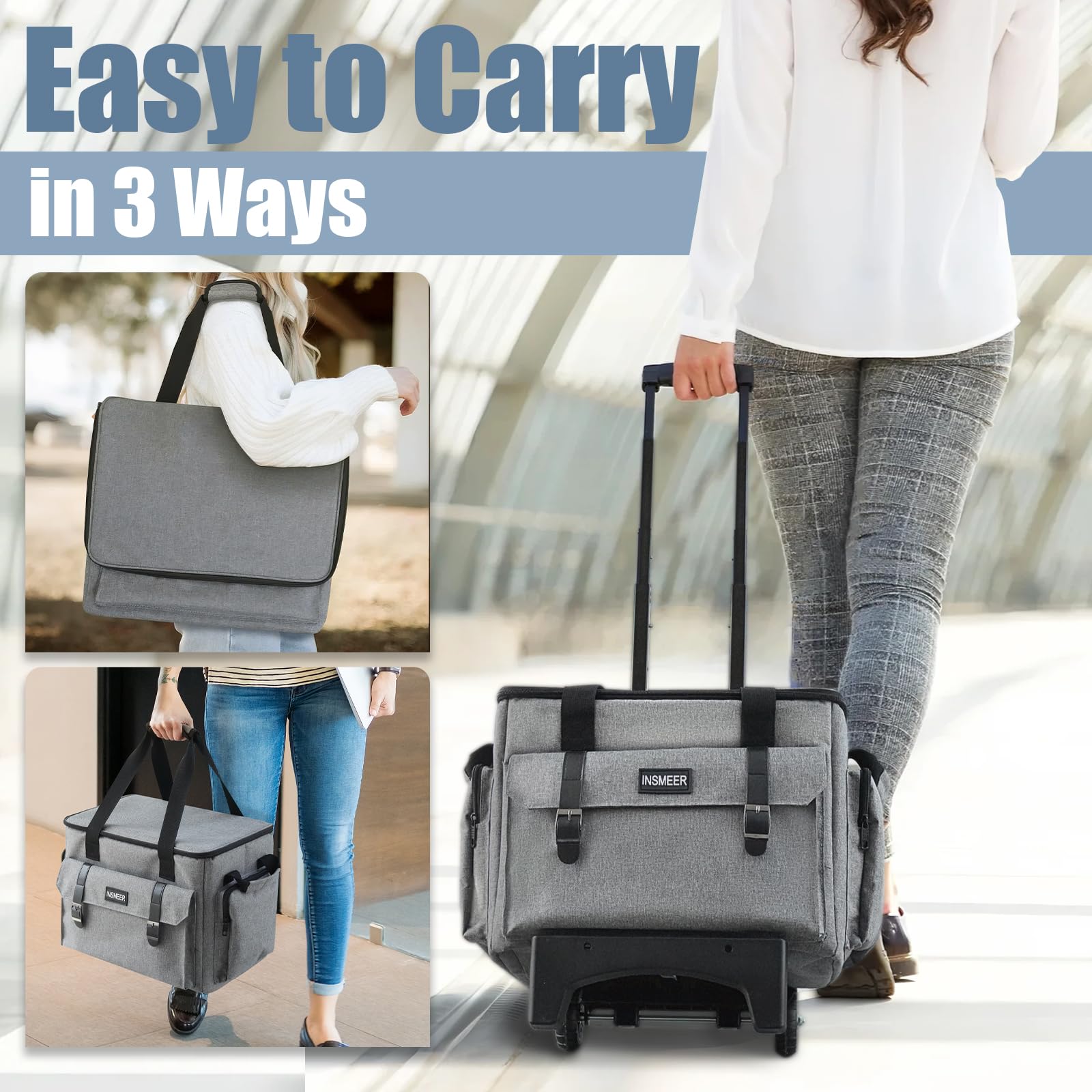 INSMEER Sac à roulettes pour enseignant avec compartiment pour ordinateur portable de 15,6", sac fourre-tout à roulettes pour enseignants avec sac à déjeuner supplémentaire, sac à roulettes 3 en 1