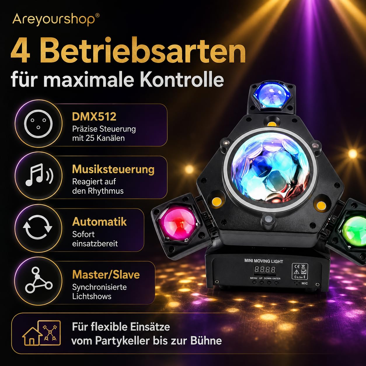 Luz LED DMX de cabeza móvil, 3 cabezas RGBW, luz de escenario móvil, luces de discoteca DJ para DJ, discoteca, fiesta, concierto, mando a distancia, cabezal de movimiento