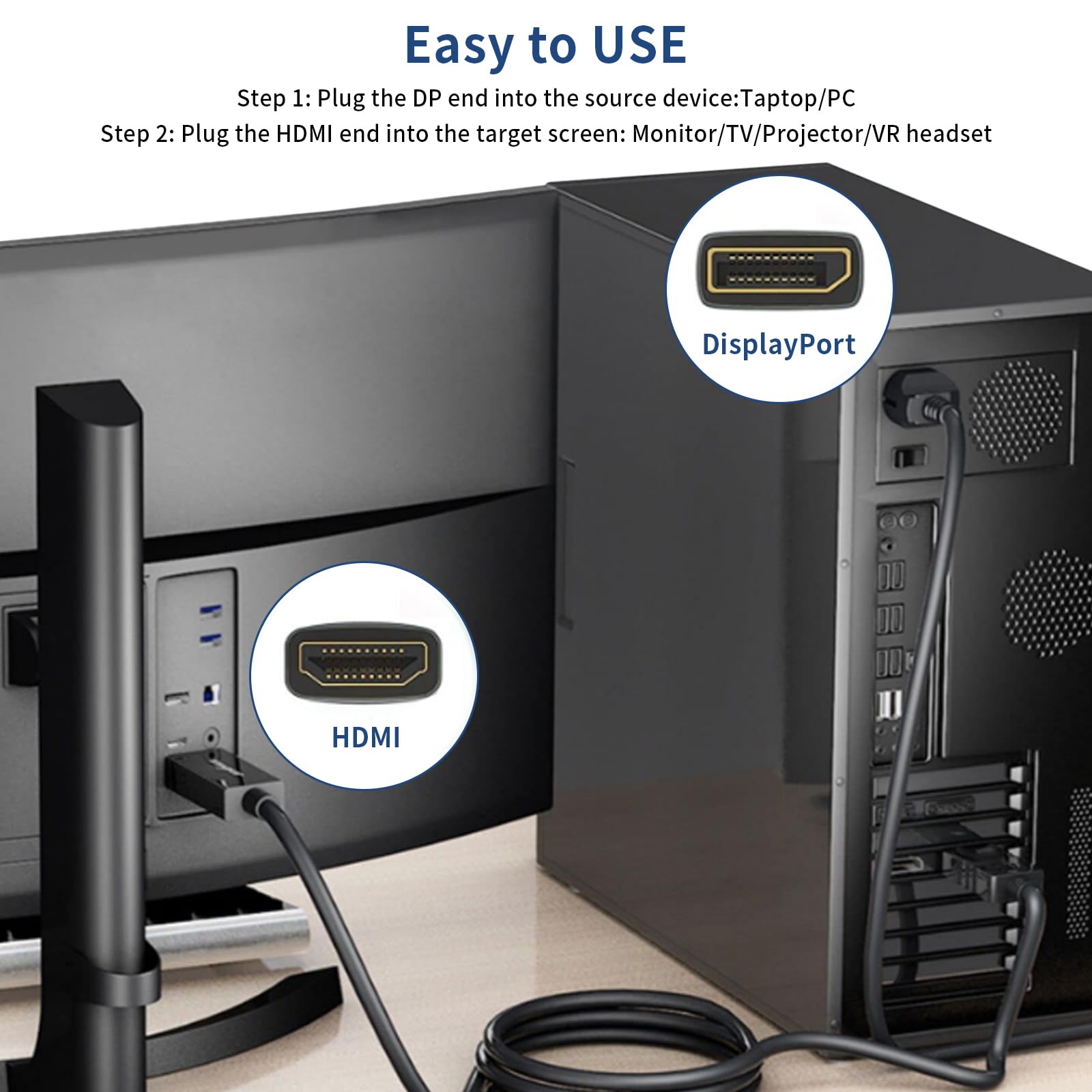 Tobfit 4K Câble DisplayPort vers HDMI 1,8 m - Unidirectionnel DP(Source) vers HDMI(Affichage), 4K@30 Hz/2K@60 Hz 1080p avec taux de rafraîchissement rétrocompatible pour Moniteurs