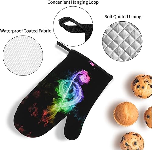 Miniatura 3 de Juego de 4 guantes de horno y soportes para ollas de notas musicales coloridas, resistentes al calor, antideslizantes, de algodón, para cocinar
