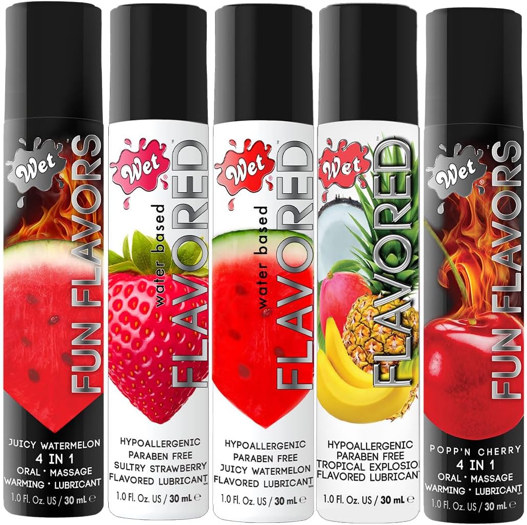 Wet 5-Piece Water-Based Flavored Lube Sampler Pack for Men, Women & Couples, 1 Fl Oz - Long-Lasting Premium Personal Lubricant Safe to Use with Latex Condoms - Gluten Free & Sugar Free