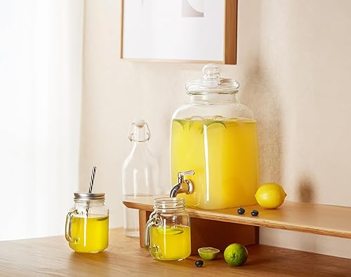 Miniatura 3 de Kook Dispensador de bebidas de vidrio, con espita de acero inoxidable a prueba de fugas y etiqueta personalizable, tarro de masón transparente,