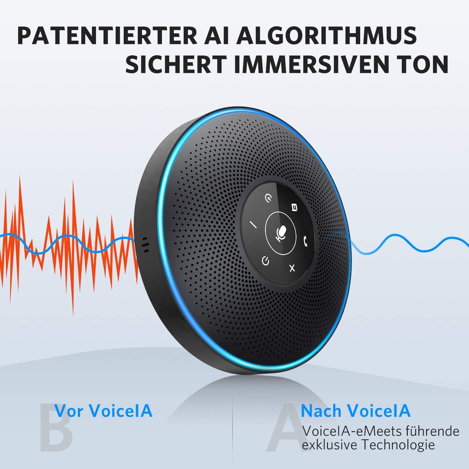 eMeet Głośnik konferencyjny Bluetooth M2, zestaw głośnomówiący USB, dla 5-10 osób, głośnik z 4 mikrofonami AI, rozpoznawanie głosu 360°, mikrofon konferencyjny z kluczem sprzętowym do Skype'a, zoom