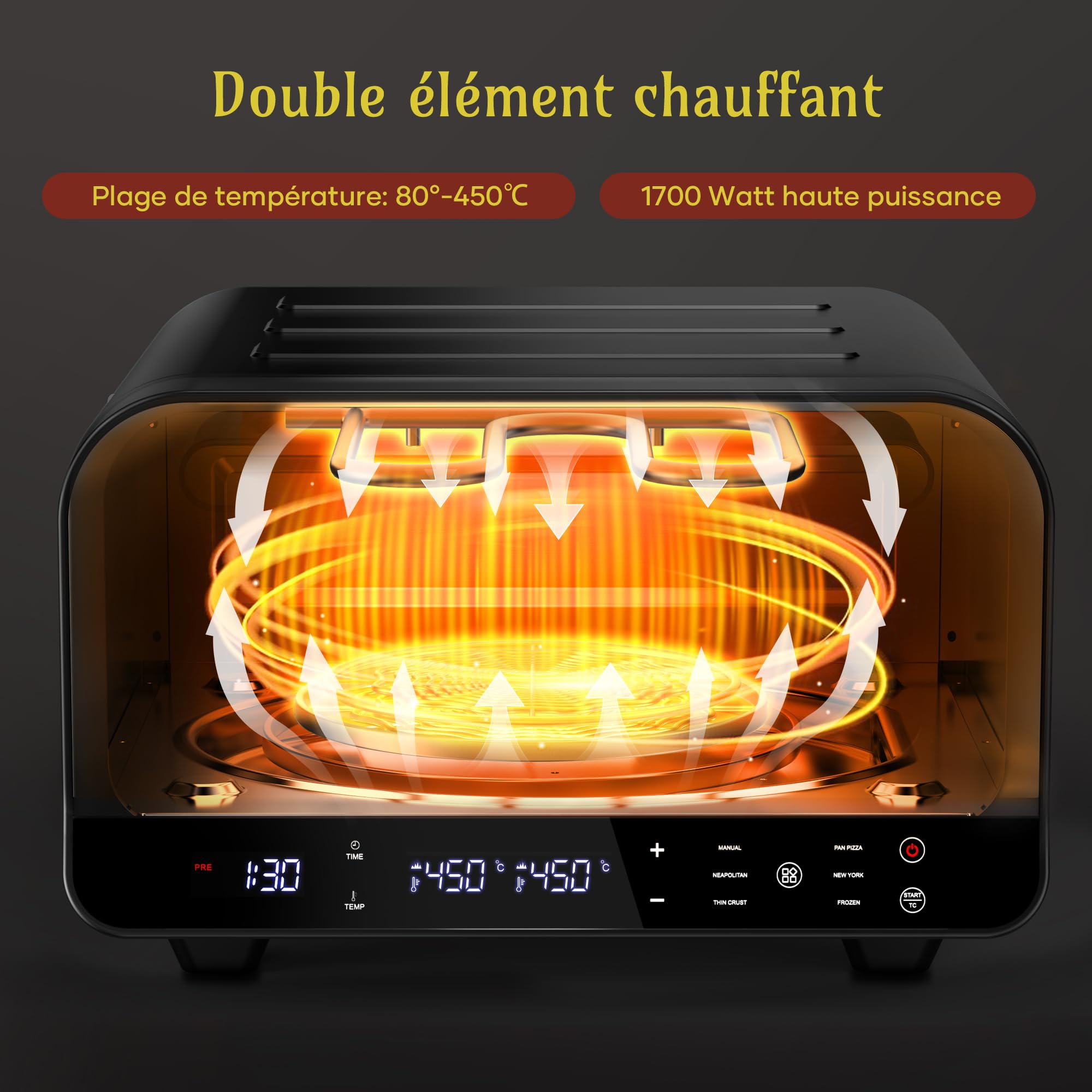 Four à pizza électrique - 6 programmes, 1700 W, température maximale 450 °C, idéal pour les pizzas de 32 cm - 5 en 1 : pizza, grill, maintien au chaud, cuisson et pâtisserie