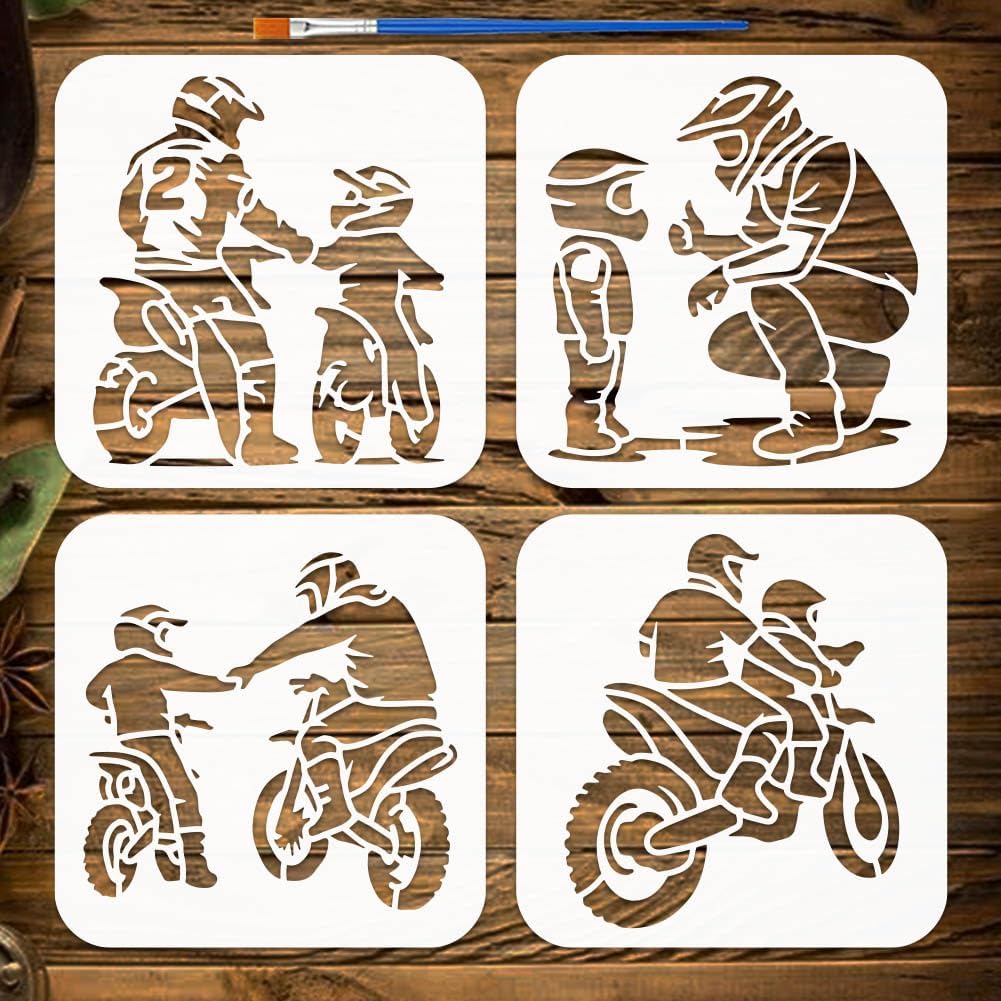 FINGERINSPIRE 4 Pcs Father and Son Painting Stencil with Paintbrush 5.9x5.9inch Reusable Motorcycle Pattern Stencils Father's Day Theme Painting Stencil DIY Craft Template for Painting on Fabric Paper