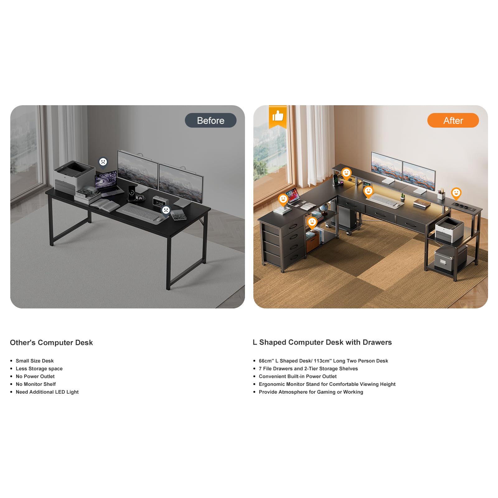 Schreibtisch L Form mit Schubladen, Gaming Tisch mit Steckdose, LED & Monitorständer, 200 x 146cm, 7 Stoffschubladen, Computertisch für Büro Arbeitszimmer Schlafzimmer (Schwarz)