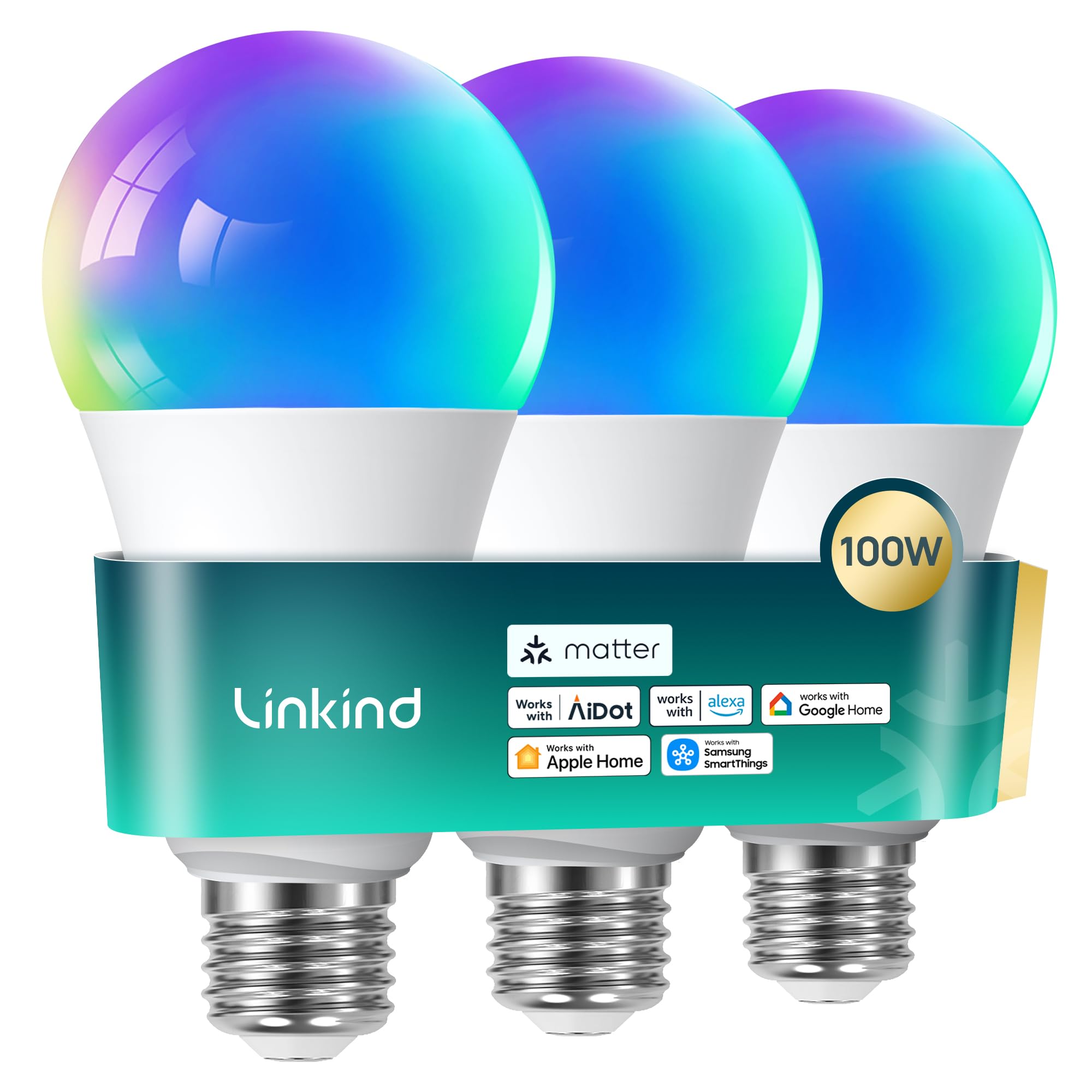 Linkind Bombilla Inteligente E27 Matter de 1600 lm, Compatible con HomeKit (104 escenas), 14 W, RGBTW de 2,4 GHz,Compatible con Apple HomeKit/Alexa/Siri/Google/SmartThings, 3 unidades