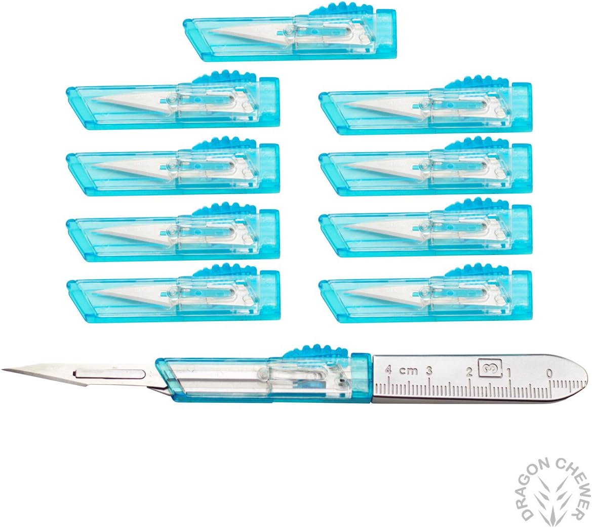 Metal Surgical Scalpel Handel w/ Disposable Retractable Cartridge and SS Blades - (10 Pack)