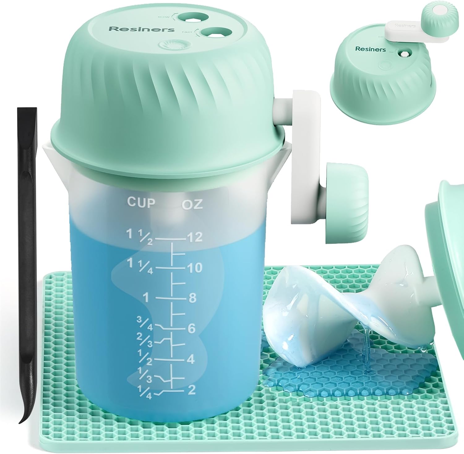 Resiners Resin Mixer, Hand-Crank Epoxy Mixer Paddle Silicone Mat Mixing Cup Kit, 3 Speeds Adjustable, Minimum Bubbles, Easy Clean, Epoxy Resin Stirrer Sticks Tool Supplies for Mold Casting, DIY Crafts