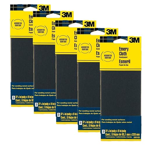 3M Assorted Grit Emery Cloth Sandpaper, 3.67-Inch by 9-Inch, 3-Pack - 5931, Pack of 5