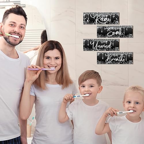 Miniatura 5 de 4 piezas de arte de pared de baño de diamantes con purpurina, letreros colgantes de madera, para relajarse, descansar, respirar, negro, plateado,