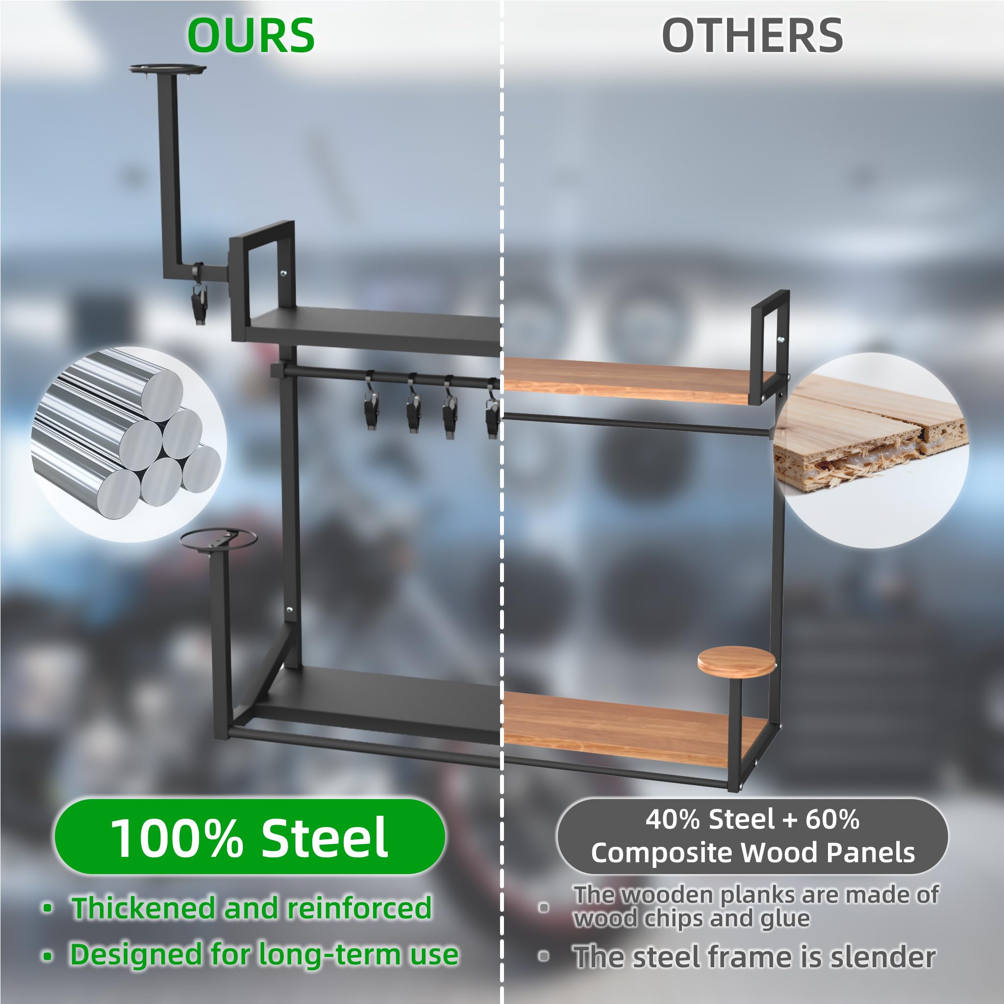 Soporte casco moto, de pared, para 4 cascos, dos niveles, metálico,L | Universal para todos los cascos, doble barra, colgar ropa y guantes, 8 pinzas, robusto, accesorios moto, percheros pared