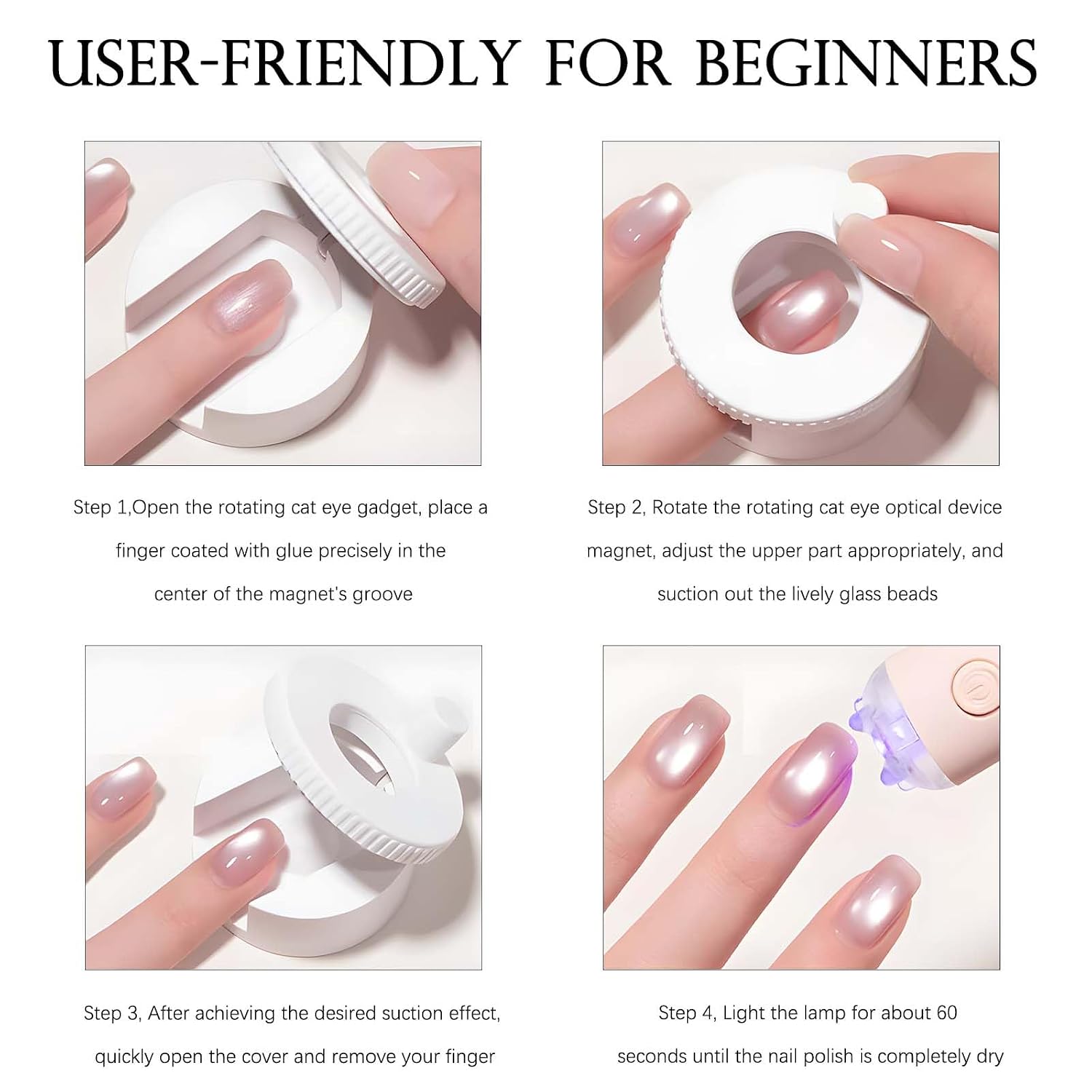 360° Rotating Cat Eye Magnet for Nails with Glass Bead - Portable DIY Glossy Effect Manicure Tool for Gel Nail Polish, Home, Salon, and Beginners (White)