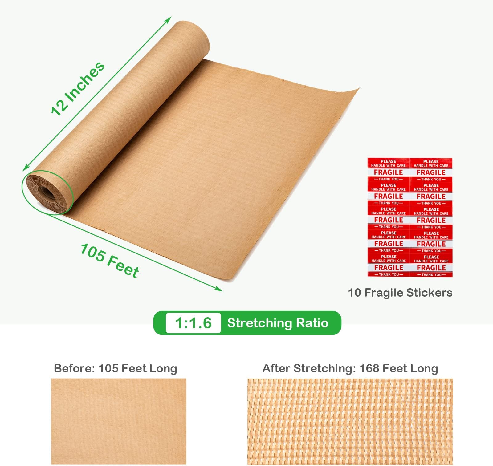 Honeycomb Packing Paper Wrap 12"x105' Recycled Cushion Wrapping Roll Eco Friendly Shipping Moving Green Wrap with 10 Fragile Sticker Labels - Protective Kraft Packaging Suppliers Brown