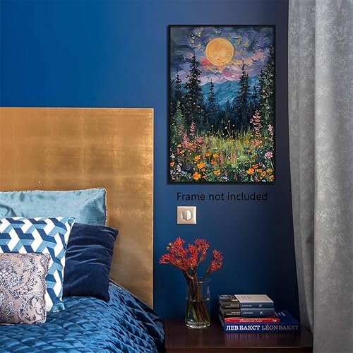 Miniatura 8 de Yuaruo Póster vintage de luna llena sobre las flores silvestres, lienzo místico de bosque de medianoche para pared, pintura al óleo retro de flores
