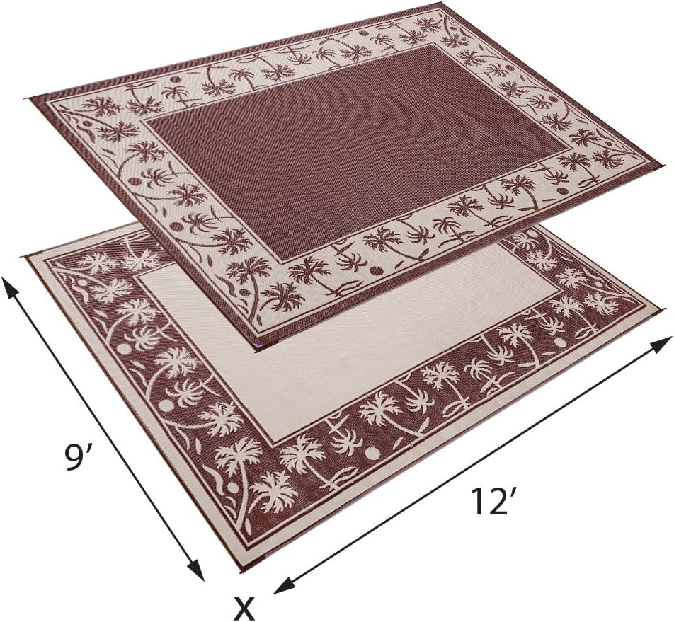 Stylish Camping Outdoor Patio / RV Camping Mat - Palm Tree (Brown/Beige, 9-Feet x 12-Feet) - 209127