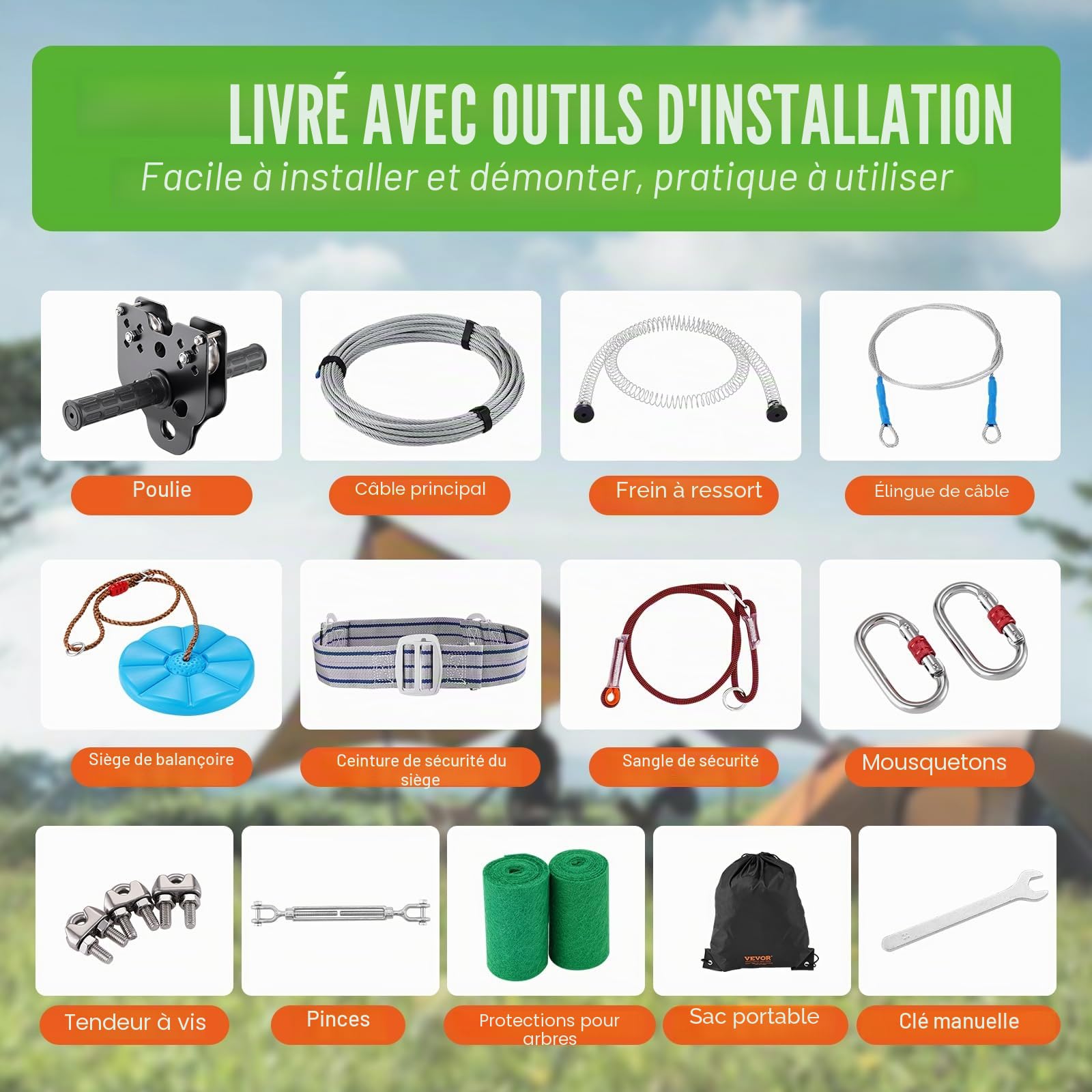 VEVOR Tyrolienne 18,3 m Kit de Tyrolienne Complet Charge 150 kg Configuration Facile avec Frein à Ressort Ceinture et Harnais de Sécurité pour Jardin Arrière-Cour (Ados Uniquement. Pas pour Adultes)