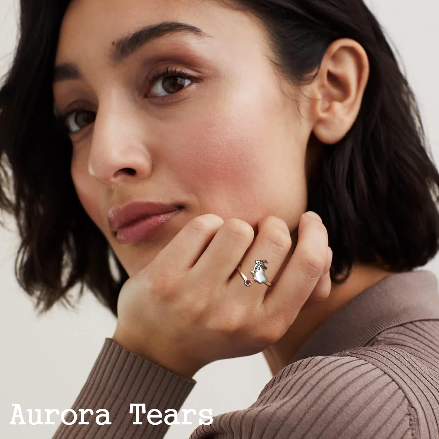 Aurora Tears Ghost Halloween Ring - 925 Sterling Silver Red Crystal Charms Cute Ghost Jewelry Gifts for Women Party Costume Accessories Jewelry DR0136W