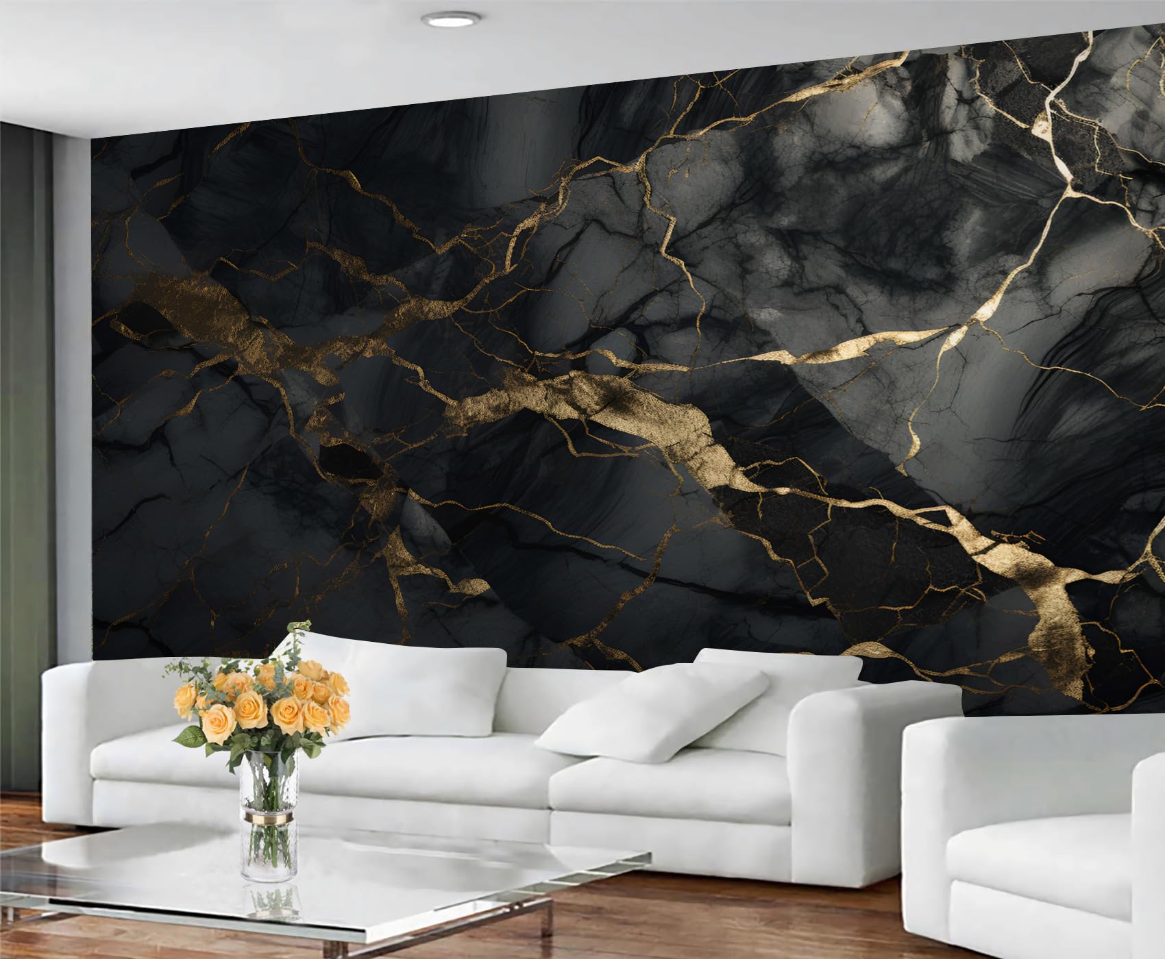 YXQAIED Marble Wallpaper, Black and Gold Wallpaper for Living Room, Business Black Bedroom Wall Paper, Not Self Adhesive Abstract Gold Stripes 3D Large Mural & Home Decor Poster, 366x254cm