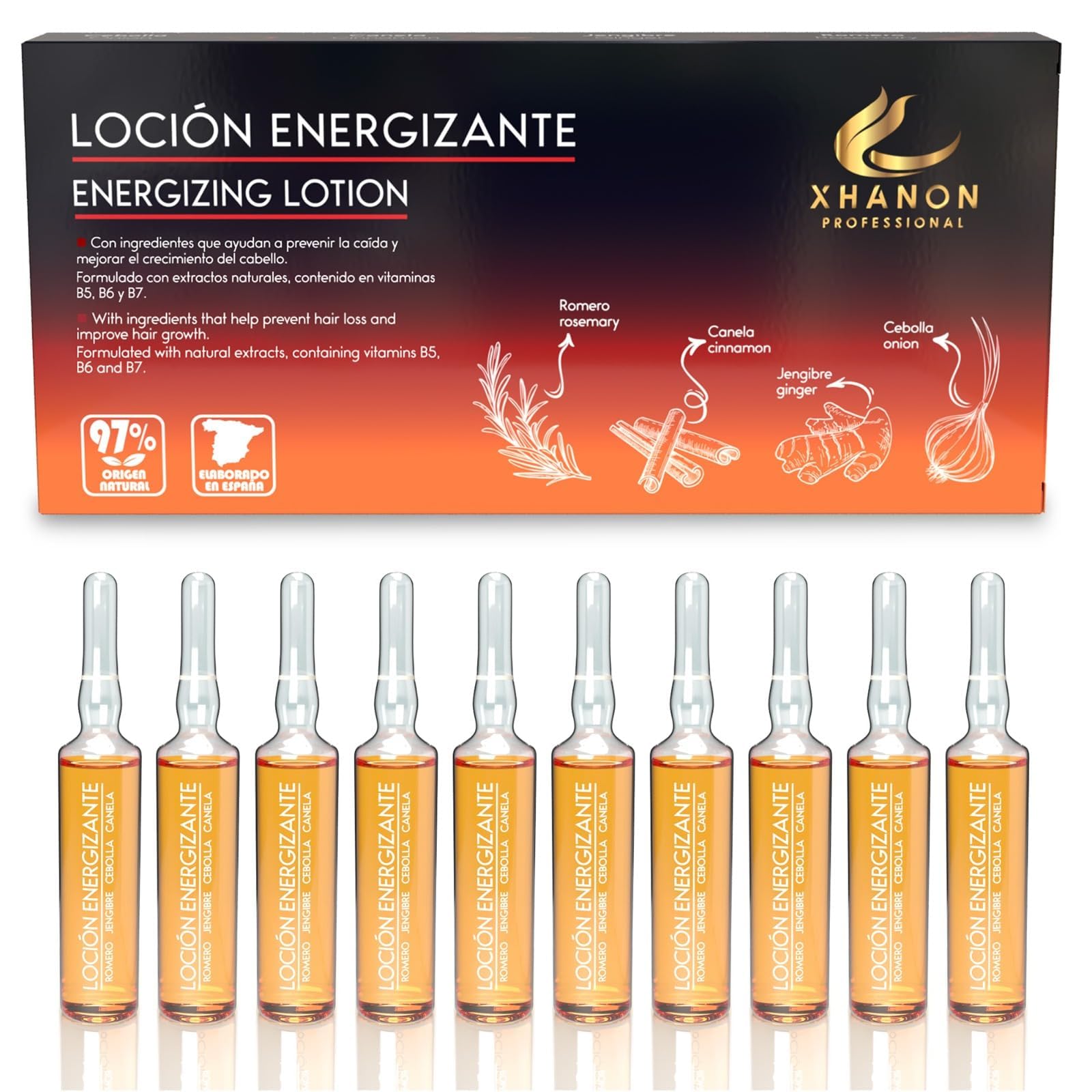 Ampollas Anticaída para el Cabello Mujer y Hombre - Fórmula 97% Origen Natural - Con Extractos Vegetales - Romero, Canela, Jengibre y Cebolla…