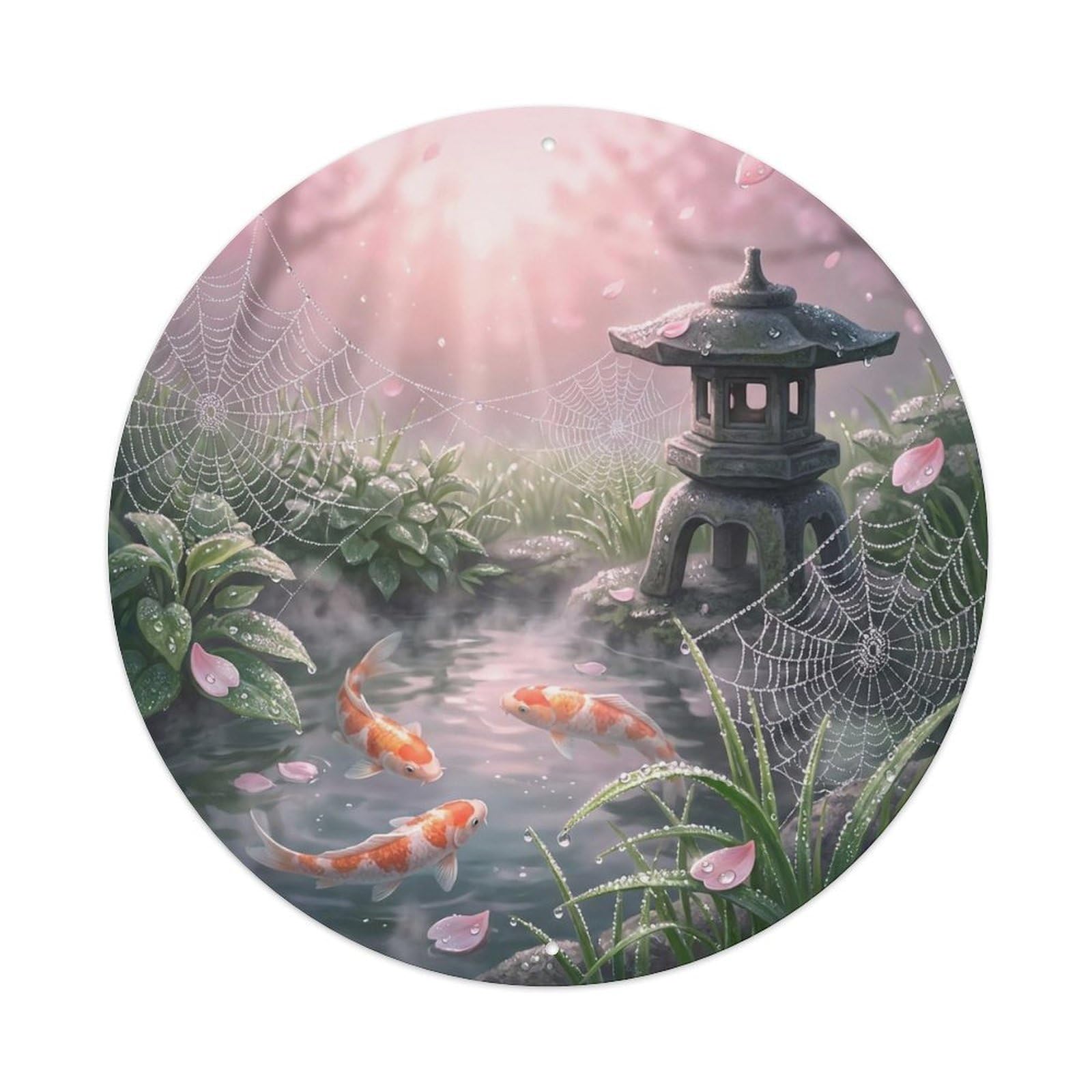 Japanese Koi Fish Morning Dew Garden Fresh Vintage Metal Tin Sign Plaque Wall Decor for Cafe, Club Bar, Office, Garden Metal Poster 8x8Inch