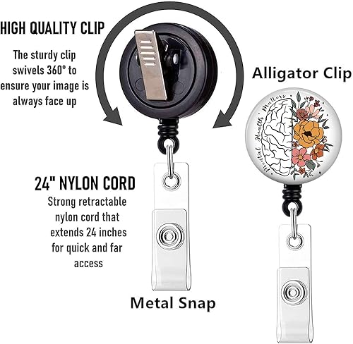 Miniatura 2 de Carrete retráctil con clip de cocodrilo giratorio, salud mental importa, diseño floral del cerebro, lindo soporte para identificación de enfermera