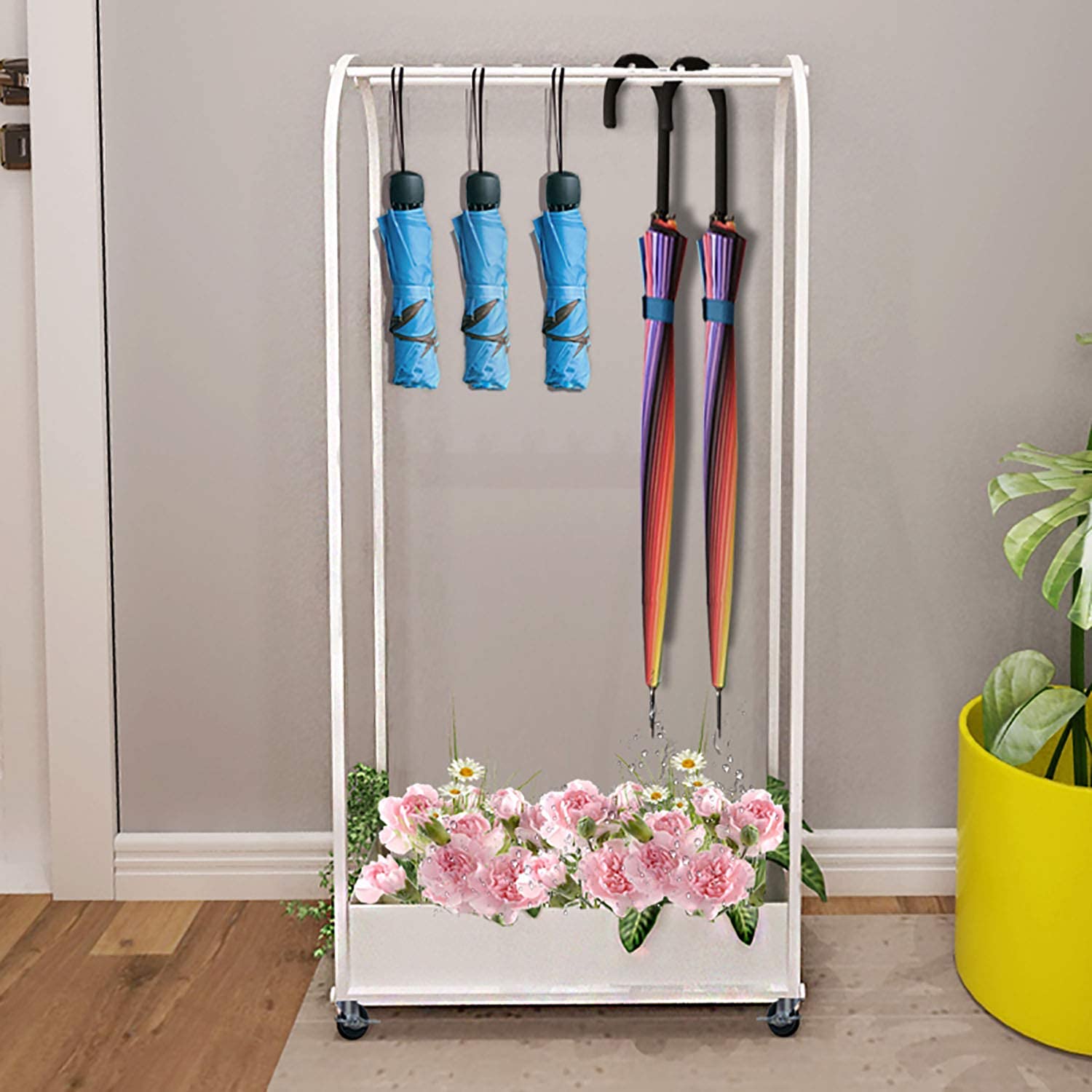 WXPGFEQ Floor-Standing Umbrella Stand with Hooks and Wheels, Iron Multifunctional Rack for Hotel Lobby Foyer Entryway