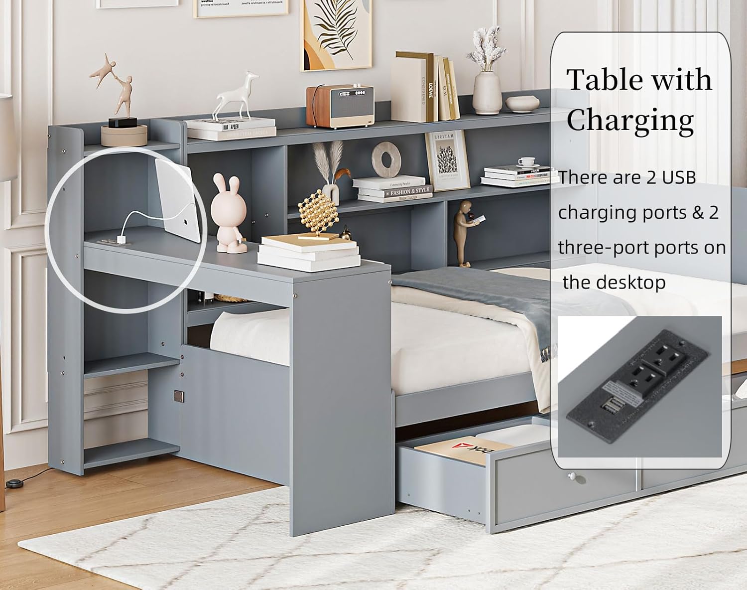 Merax Twin Size Corner Day Bed Frames with USB Outlets Desk and 3 Storage Drawers & Shelves Headboard, Pinewood Captain Daybed for Small Room, Bedroom, Guest Room, Kids' Room, Grey