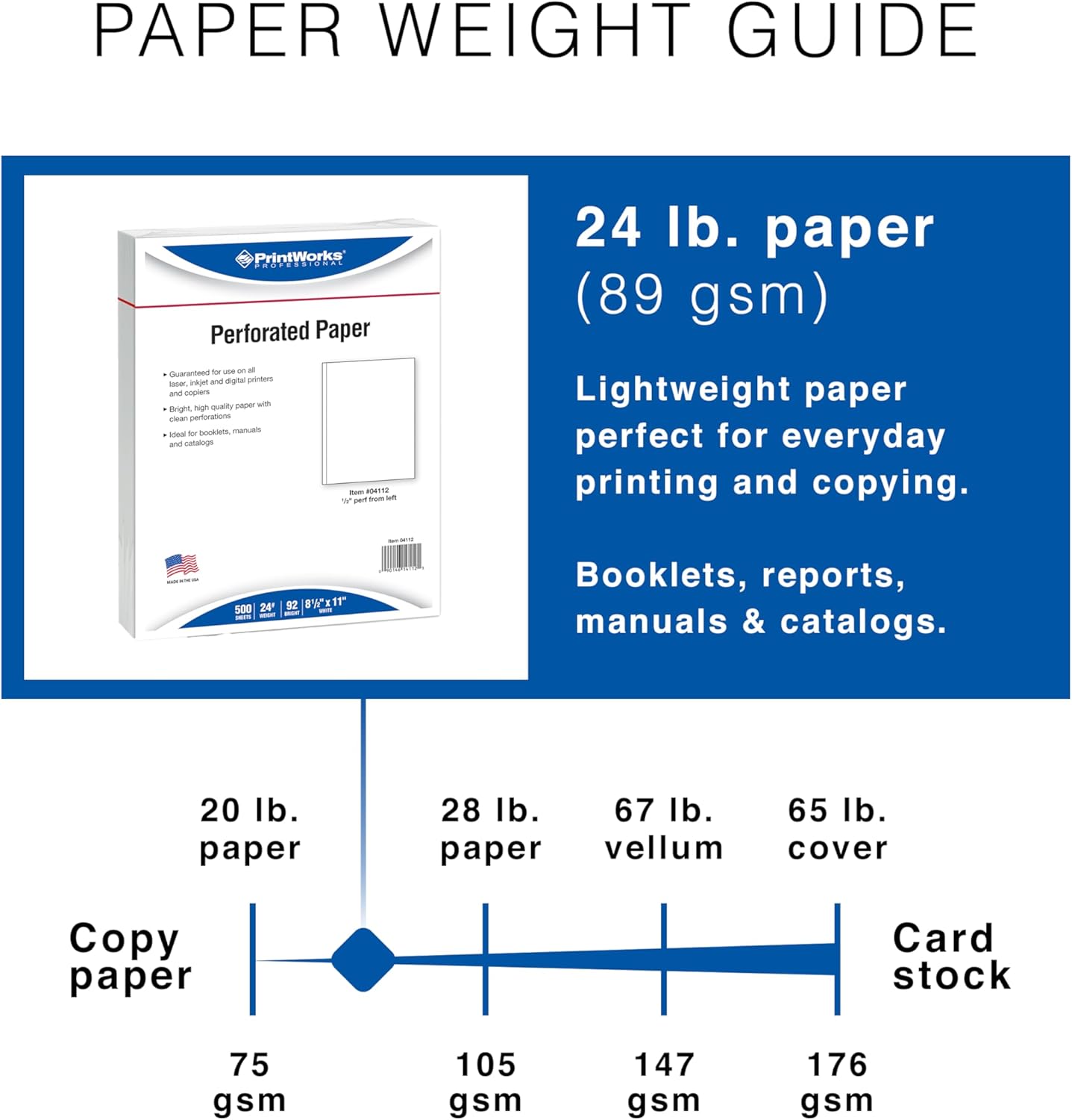 PrintWorks Professional 1/2" Vertical Perforated Paper 8.5" x 11" - Perfect For Booklets & Catalogs - Made in the USA - 500 Sheets - 24 lb - Printer Compatible - White (04112)